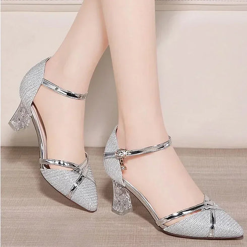 Elegant Slip-On High Heels for Women - Solid Sexy Sandals with Buckle and Sequin Design for Parties and Nightclubs